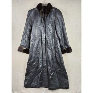 Rallee Women's Leather Maxi Trench Coat Fox Fur Trim Size L